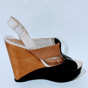 ALDO 7.5M Tan/Black 2 Tone Leather 5" Wedge Heel Platform Slingback Sandal Shoes